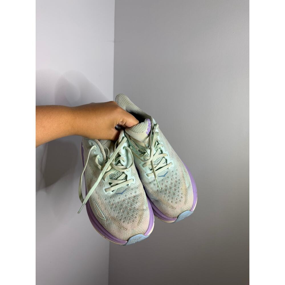 HOKA Clifton 9 Shoes Womens Size 7.5 B Mint Green Purple Running Road Cushioned - Picture 3 of 8